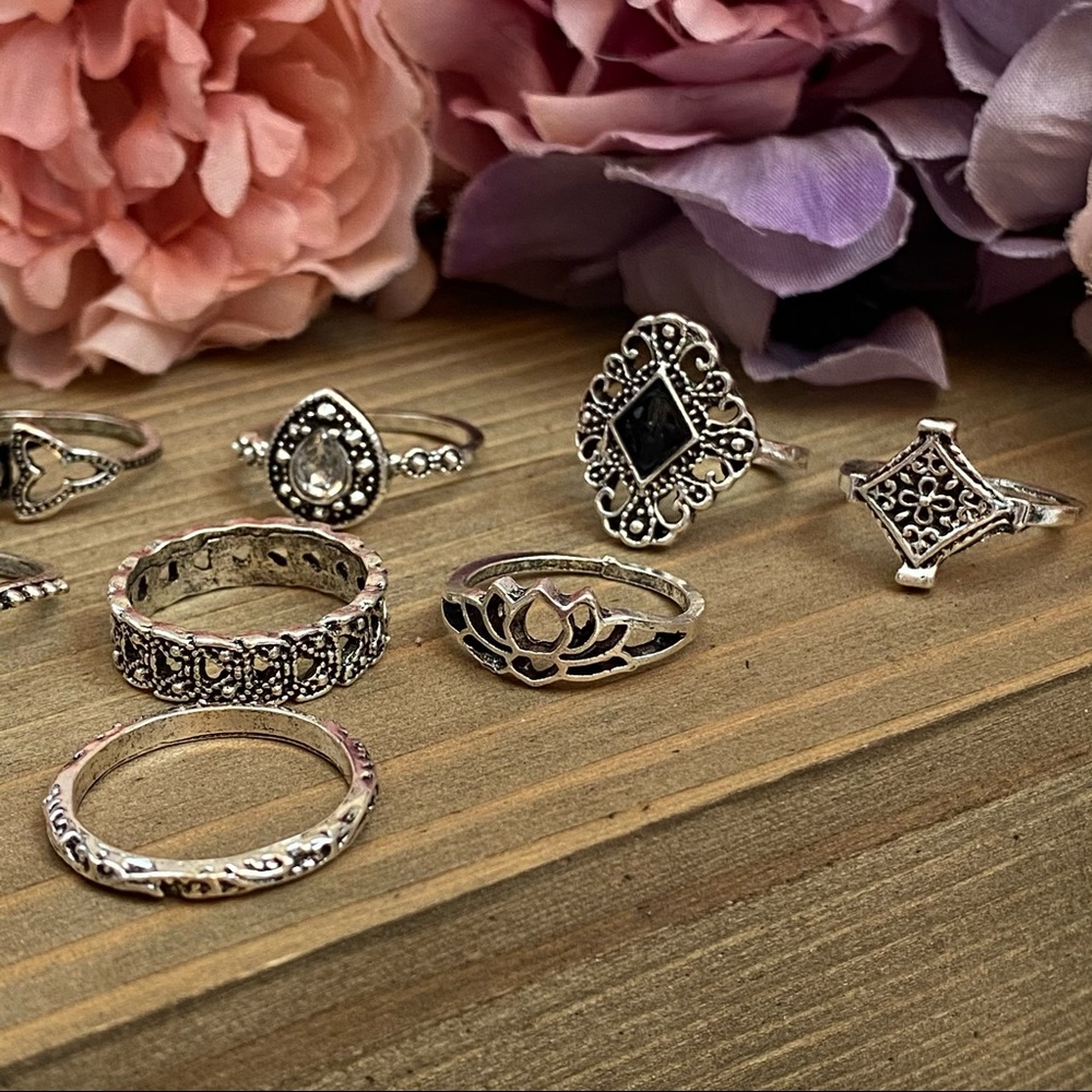 15 Pcs Boho Retro Vintage Crystal Gem Ring Set - Picture 9 of 16